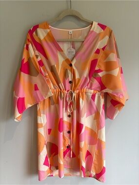 NWT Boutique Geometric Print Beach Cover Up / Size M | Drawstring Tunic